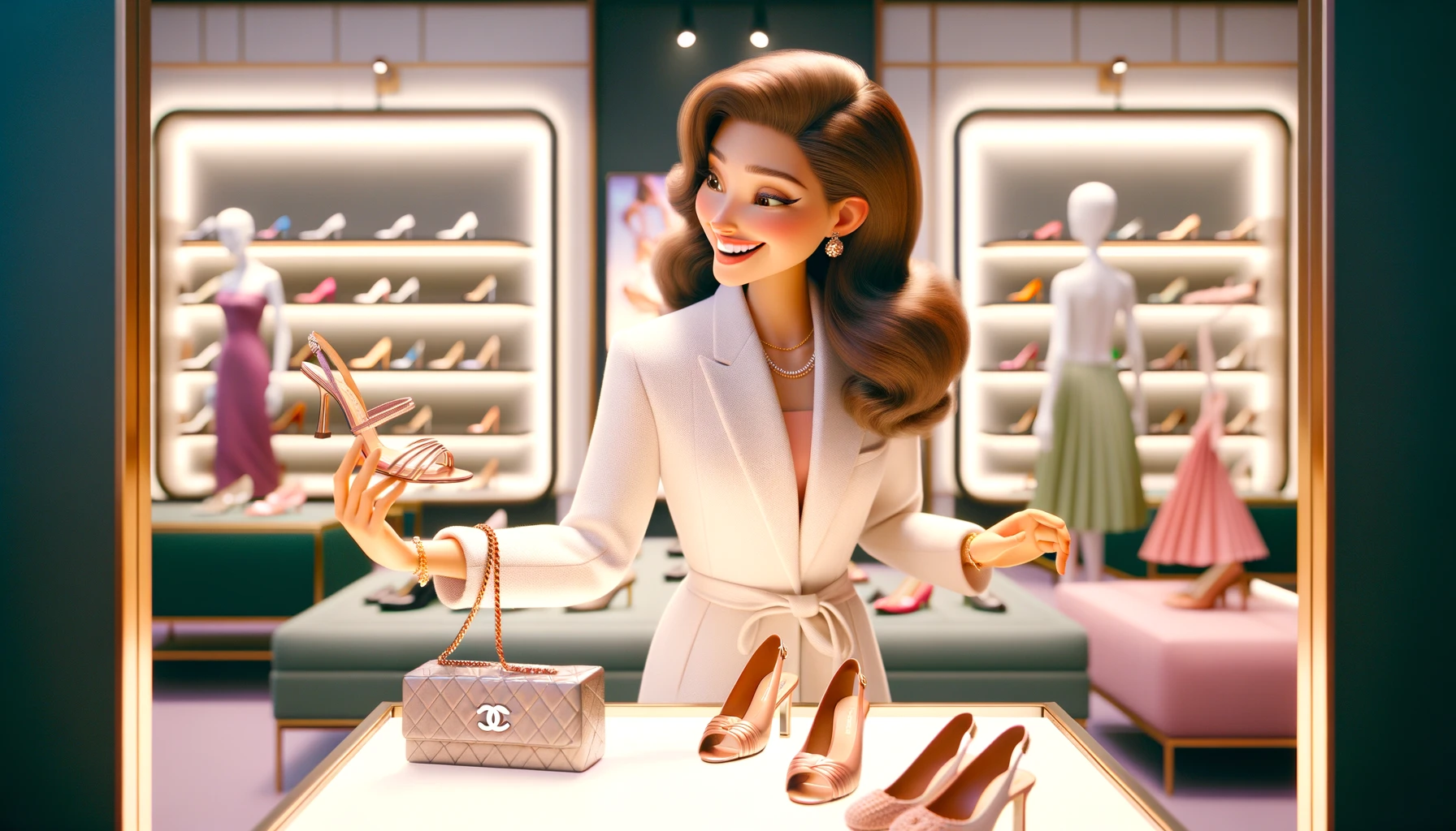 Donna elegante che sceglie scarpe in un negozio di lusso, rappresentando il concetto di eleganza quotidiana. Indossa un completo bianco raffinato e accessori di classe, mentre esplora opzioni di stile che enfatizzano la bellezza nella vita di ogni giorno.