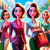 Gruppo di donne eleganti con outfit raffinati e accessori di classe, che passeggiano in una via cittadina chic e colorata. Rappresentano stile, sicurezza e femminilità.