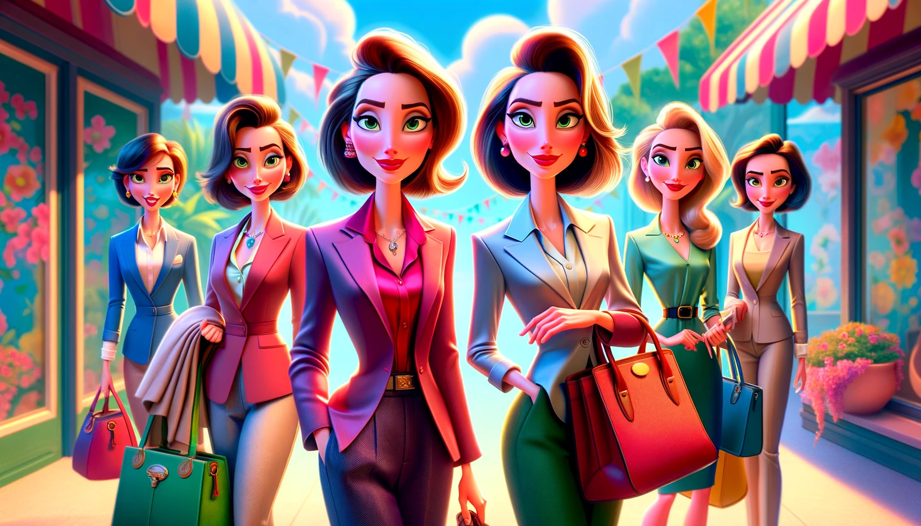 Gruppo di donne eleganti con outfit raffinati e accessori di classe, che passeggiano in una via cittadina chic e colorata. Rappresentano stile, sicurezza e femminilità.