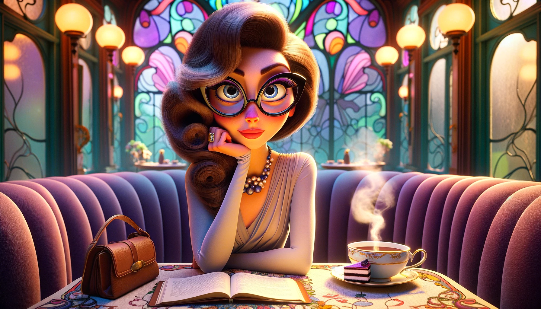 Donna elegante con occhiali da lettura seduta a un tavolo di una sala da tè in stile Art Nouveau, con una tazza di tè fumante e una fetta di torta. L'ambientazione è vibrante e fiabesca, in stile Pixar.