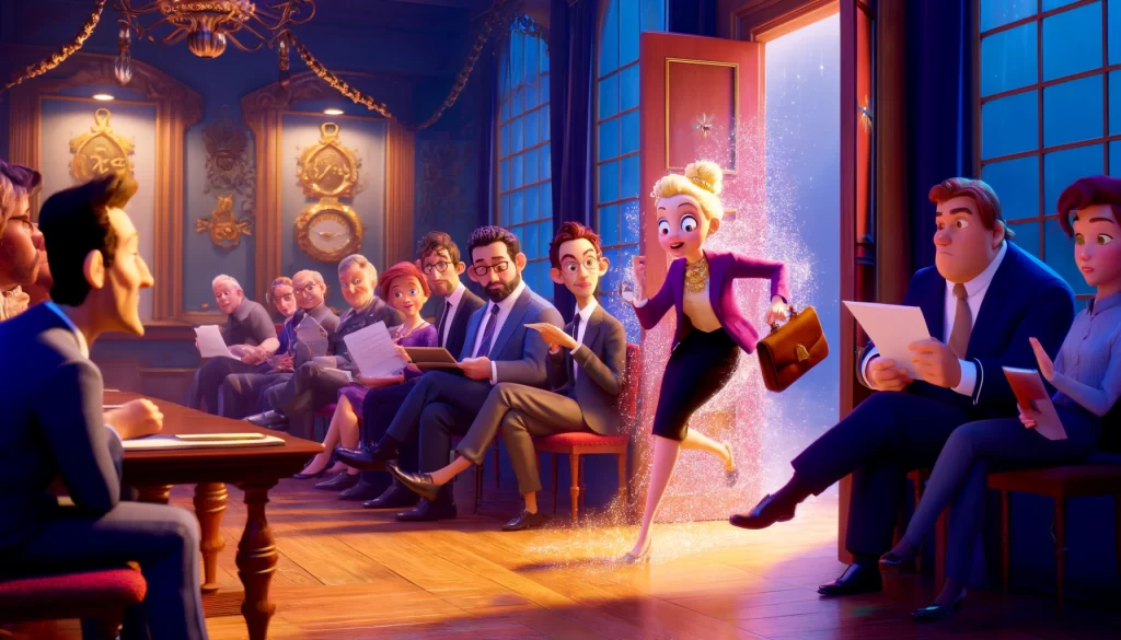 In una riunione d'affari animata e colorata in stile Pixar, una donna arriva in ritardo, una di quelle cose non di classe, spettinata e di corsa, mentre gli altri partecipanti, ben vestiti, mostrano delusione e frustrazione.