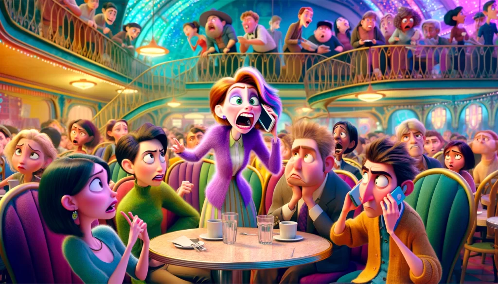 In un caffè animato e colorato in stile Pixar, una giovane donna parla ad alta voce al telefono, incurante dei disturbi causati agli altri clienti infastiditi, cosa non di classe.