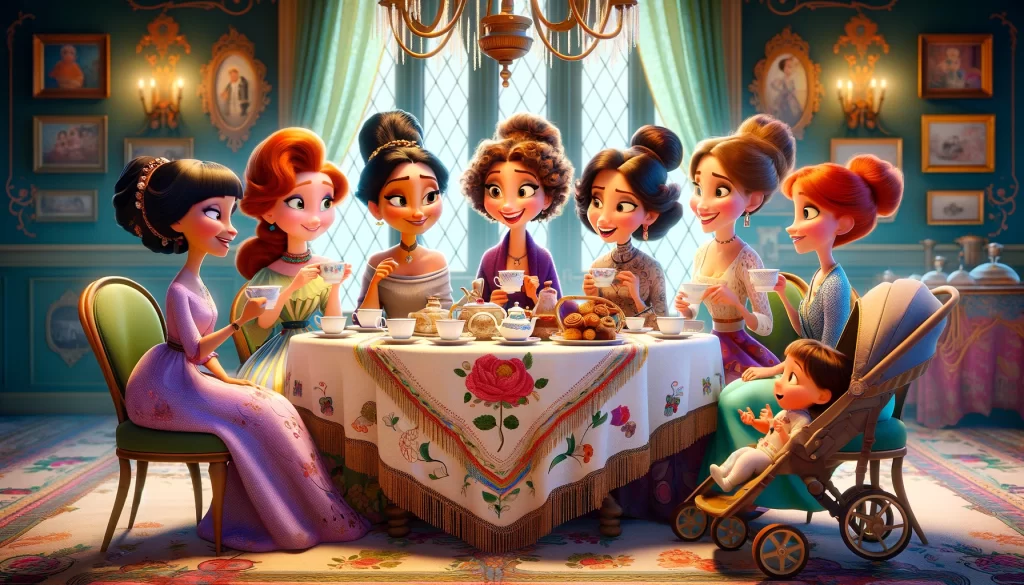 Sette donne in stile animazione Pixar, dai capelli colorati e vestiti eleganti, godono di un pomeriggio insieme in una sala da tè decorata, sedute attorno a un tavolo con tovaglia stampata. Sorridono e chiacchierano mentre sorseggiano tè e mangiano pasticcini, in una scena che riflette amicizia e calore familiare. Un bambino di circa un anno di età sorride nel suo passeggino completando l'atmosfera gioiosa e accogliente.