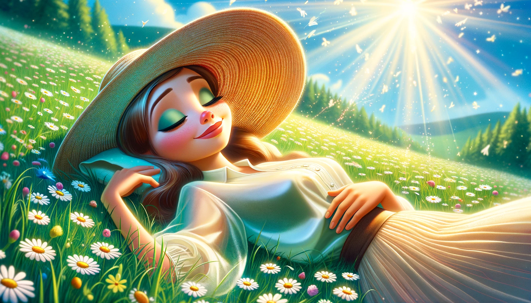 Donna bellissima con tratti tipici dei cartoni animati Pixar, indossa un cappello di paglia a larga tesa, una camicetta di seta e una gonna a ruota. È distesa serenamente su un prato verde pieno di margherite, sotto un cielo limpido e soleggiato. L'immagine trasmette un senso di pace e tranquillità, riflettendo il tema del rinnovamento interiore.