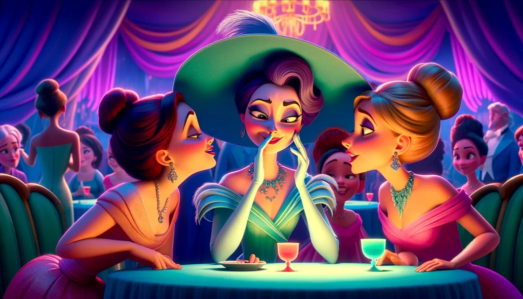 In un incontro sociale colorato in stile Pixar, una donna elegante sussurra confidenze maliziose alle sue amiche riguardo una assente, mostrando un comportamento di pettegolezzo e mancanza di rispetto. Le espressioni sono segrete e maliziose, riflettendo l'atmosfera negativa creata dal parlare alle spalle degli altri. Parlare male alle spalle è una delle 10 cose non di classe.