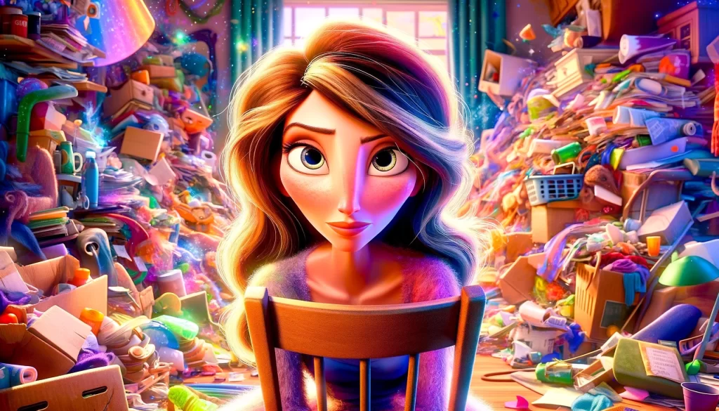 Illustrazione in stile cartoon Pixar, vivida e colorata, che ritrae una giovane donna bella, di circa 28-30 anni, seduta con aria malinconica su una sedia in mezzo al caos di una casa disordinata, sottolineando un profondo senso di alienazione.