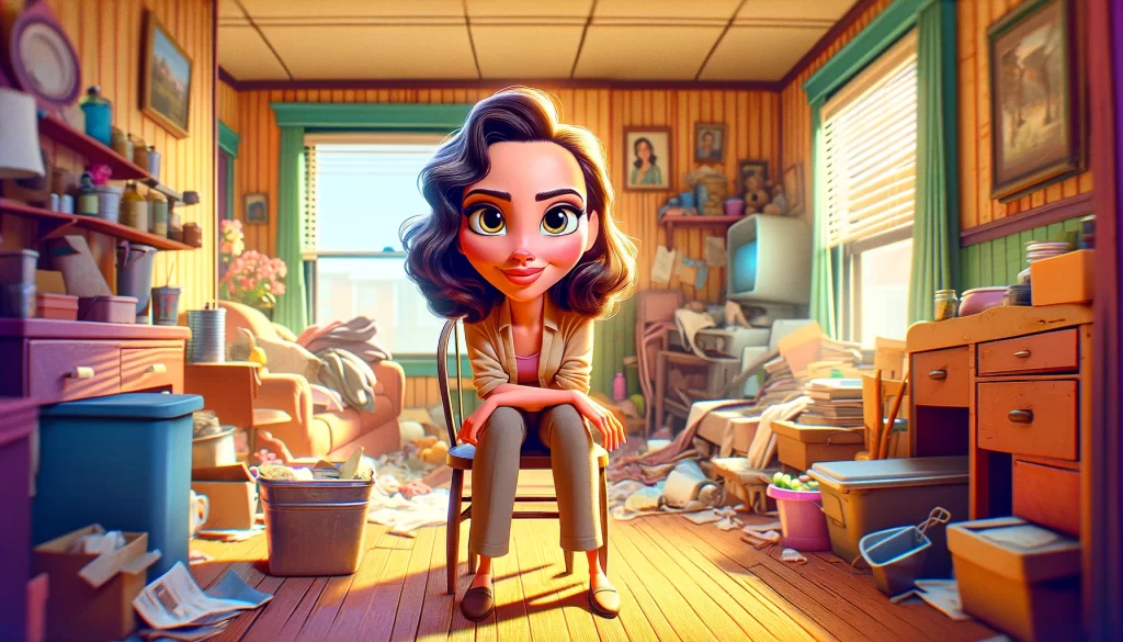 Donna bellissima di 28-30 anni, con tratti distintivi alla Pixar, seduta su una sedia in una casa molto disordinata, illuminata dalla luce del giorno. I suoi grandi occhi espressivi mostrano un'espressione triste, mentre è circondata da un ambiente caotico e non familiare. L'immagine è colorata con toni caldi e vivaci.