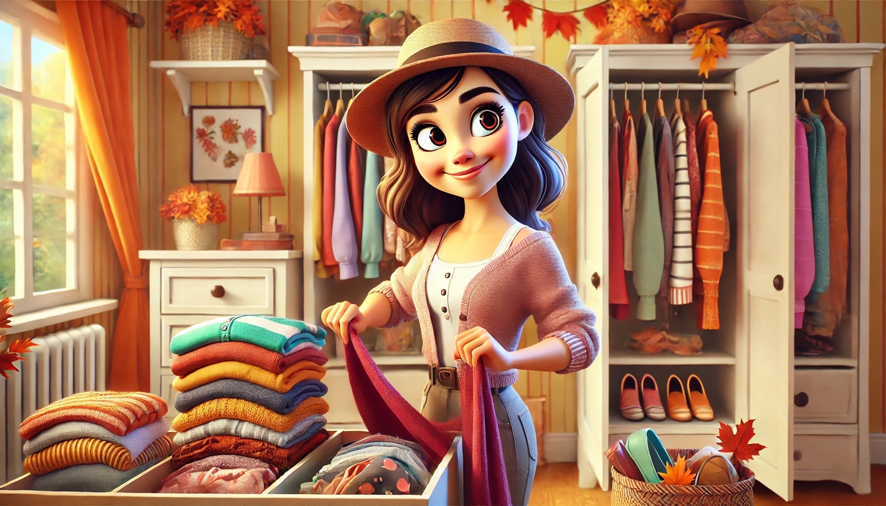 Giovane donna che organizza il suo guardaroba autunnale, riponendo abiti estivi e sistemando vestiti più caldi come maglioni e sciarpe.