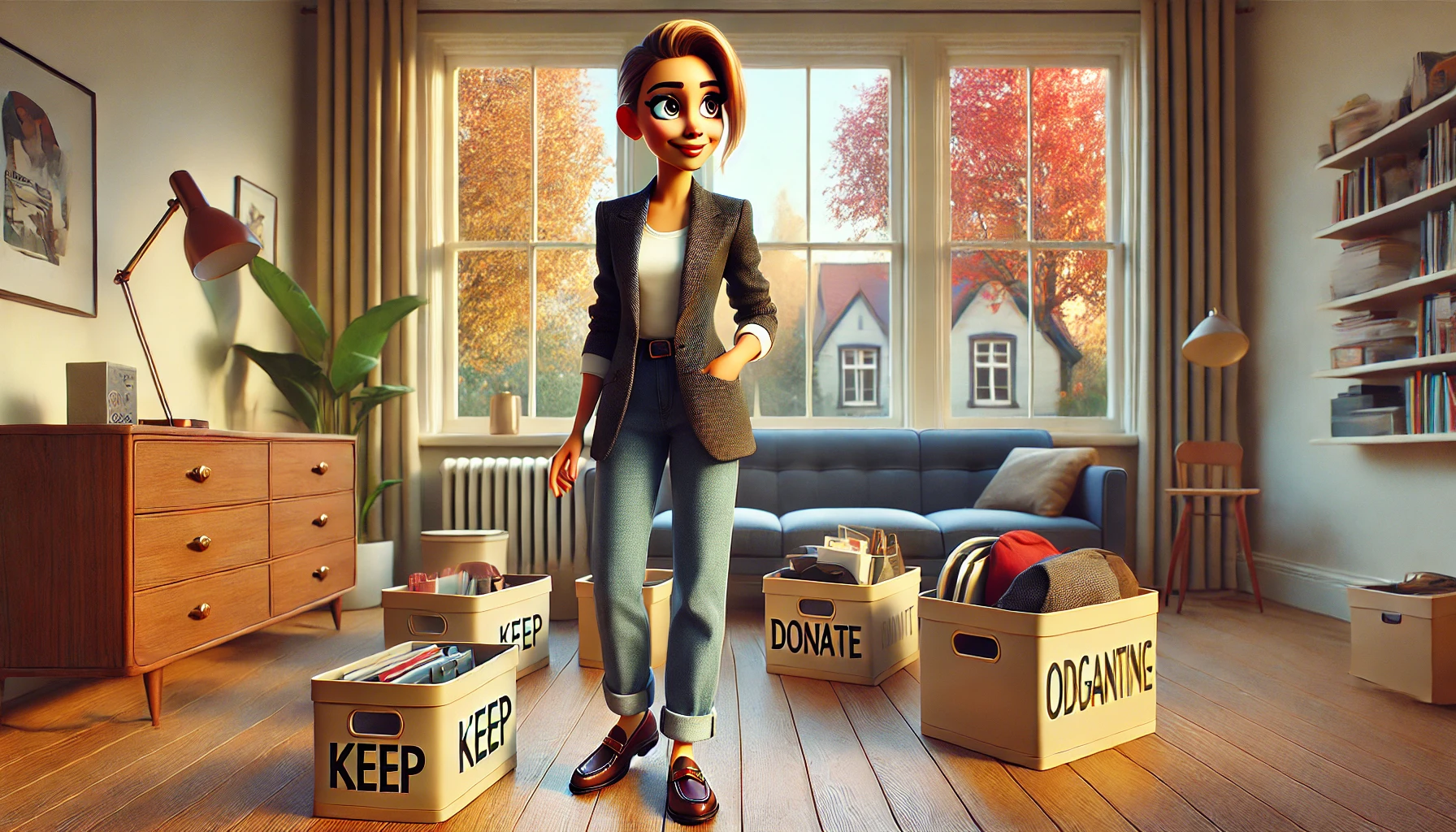 Donna di circa 30 anni che fa il riordino autunnale del soggiorno, con scatole per organizzare oggetti da riporre, donare o scartare.