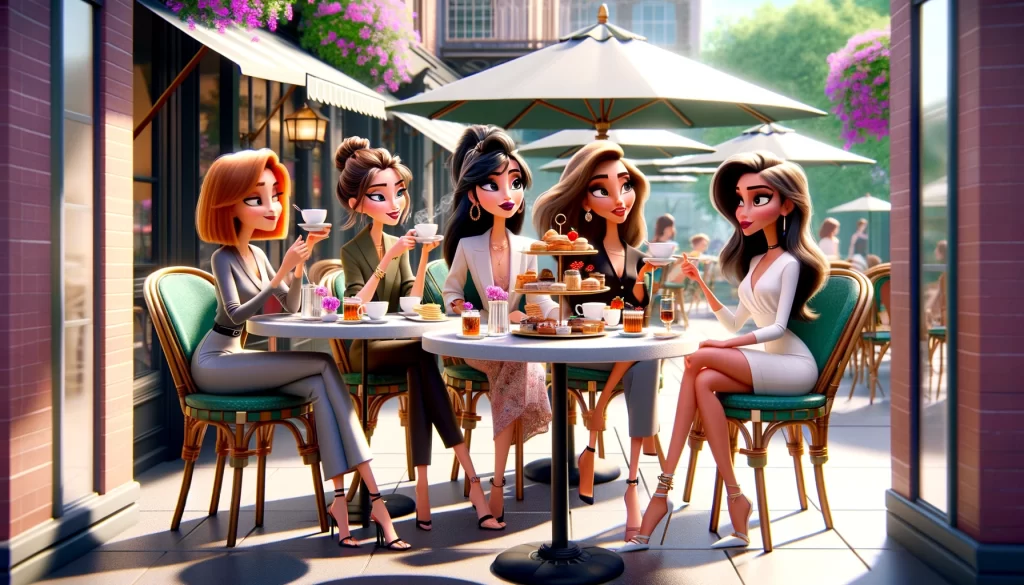 Un gruppo di donne eleganti sedute all'aperto in un elegante caffè, gustano tè e pasticcini. Indossano abiti raffinati e mostrano uno stile di vita di classe, rappresentando l'eleganza quotidiana attraverso la convivialità e il piacere delle piccole cose.