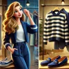 Giovane donna elegante con lunghi capelli biondi, vestita in stile casual-chic con una giacca corta blu, pantaloni morbidi e maglioncino leggero bianco, mentre esamina i capi appesi su una rella. Un'illustrazione in stile Pixar che rappresenta il concetto di guardaroba capsula, evidenziando l'importanza di una selezione curata e versatile di abiti per un look sempre impeccabile.