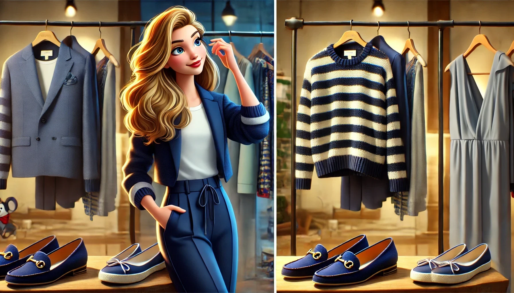 Giovane donna elegante con lunghi capelli biondi, vestita in stile casual-chic con una giacca corta blu, pantaloni morbidi e maglioncino leggero bianco, mentre esamina i capi appesi su una rella. Un'illustrazione in stile Pixar che rappresenta il concetto di guardaroba capsula, evidenziando l'importanza di una selezione curata e versatile di abiti per un look sempre impeccabile.