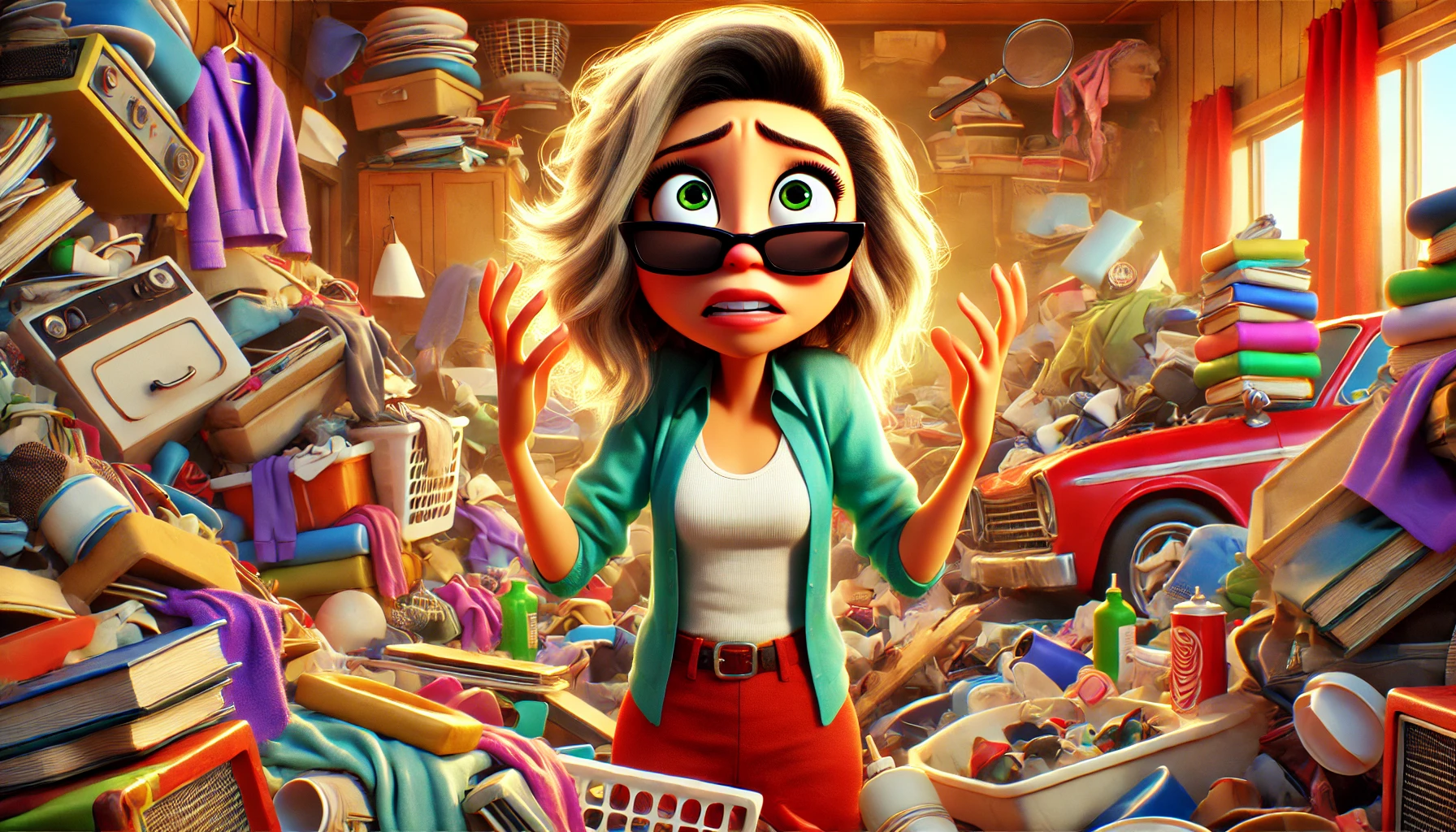 Illustrazione in stile Pixar di una donna disperata in mezzo a un disordine opprimente, circondata da oggetti caotici che la fanno sentire sopraffatta.