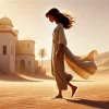 Quaresima, tempo di purificazione: una donna sola, con indosso pantaloni e blusa leggeri mossi dal vento. Alle sue spalle, un villaggio orientale in mezzo al deserto, con palme e case bianche. Atmosfera riflessiva e serena.