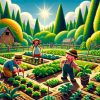 Illustrazione in stile Pixar di un orto rigoglioso curato da tre persone sorridenti, tra filari di verdure e fiori colorati sotto il sole