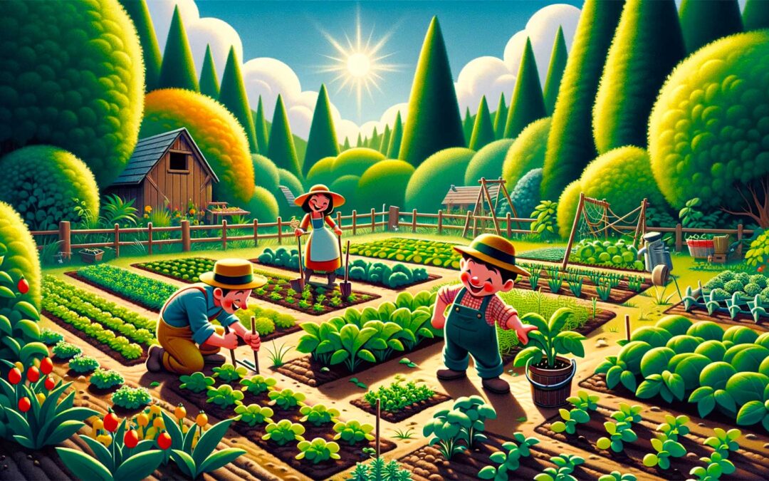 Illustrazione in stile Pixar di un orto rigoglioso curato da tre persone sorridenti, tra filari di verdure e fiori colorati sotto il sole