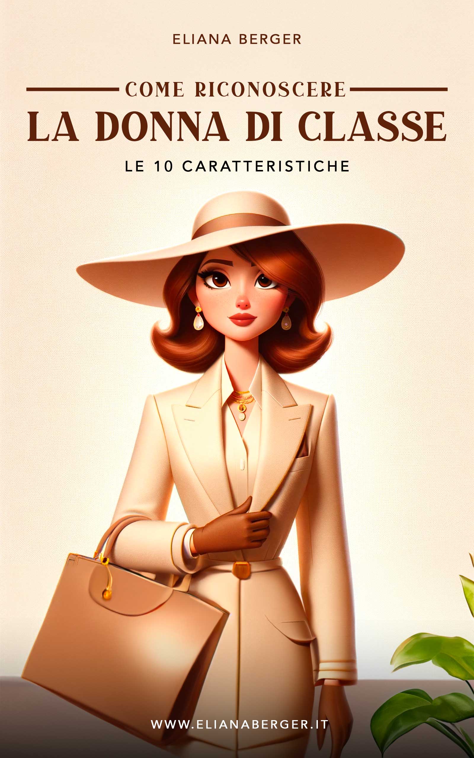 Copertina del libro “Come riconoscere la donna di classe” di Eliana Berger, con illustrazione di una donna elegante in abiti chiari, cappello e borsa, simbolo di eleganza e stile interiore.